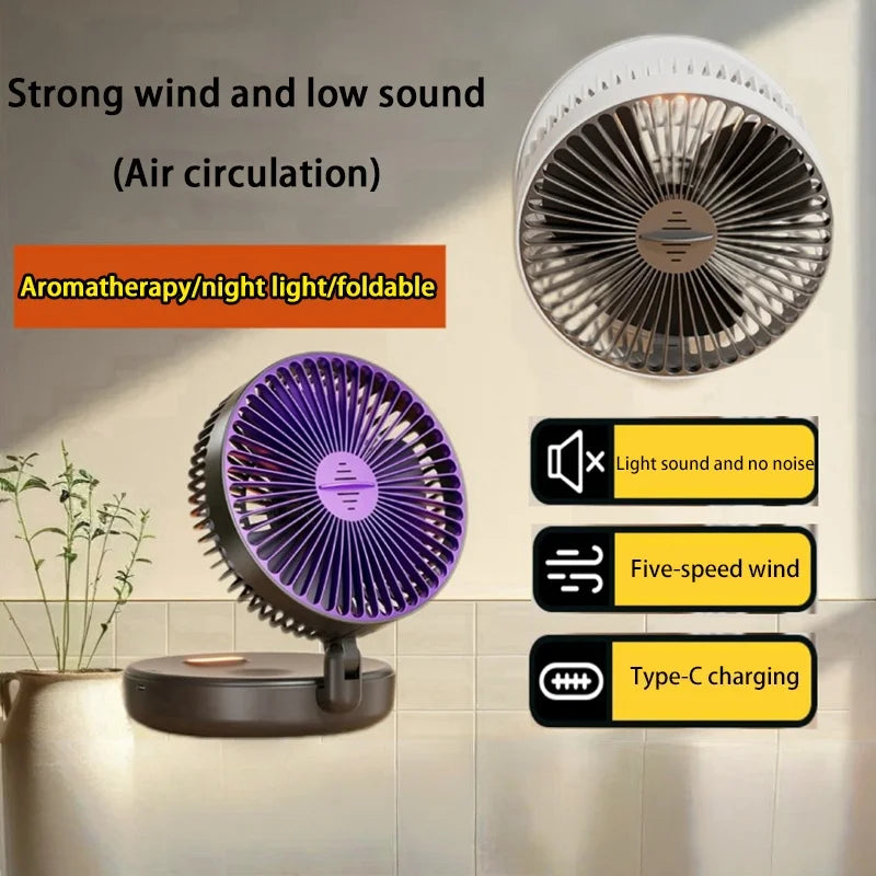 5000Mah 3IN1 Rechargeable Multifunctional Portable Fan Wall Mounted Fan 90° Folding Fan 4 Gears with Warm Night Light