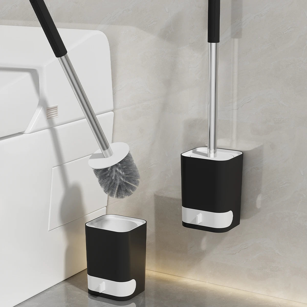 Punch-Free Wall Mounted Toilet Brush with Drainable Base Long Handle Plastic Toilet Cleaning Brush Bathroom Accessories