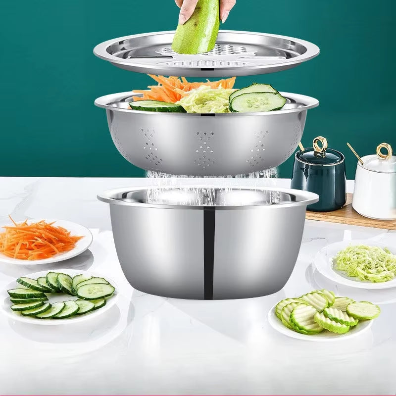 3Pcs/1Set Vegetable Slicer, Stainless Steel Slicer, Potato Slicer, Vegetable Washing Basin, Drain Basket, Multifunctional