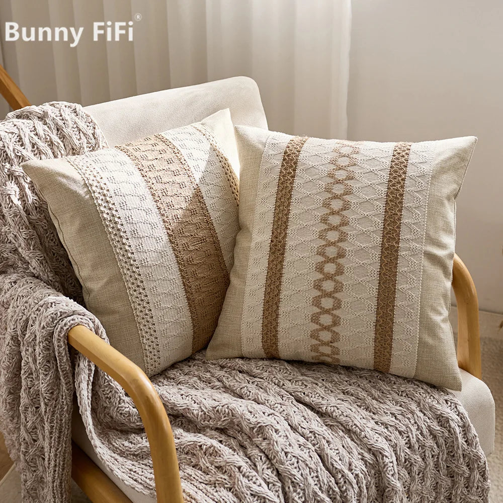 Luxury Textured Striped Woven Boho Cushion Covers Soft Linen Rustic Neutral Decorative Throw Pillow Cases for Sofa Bed Decor