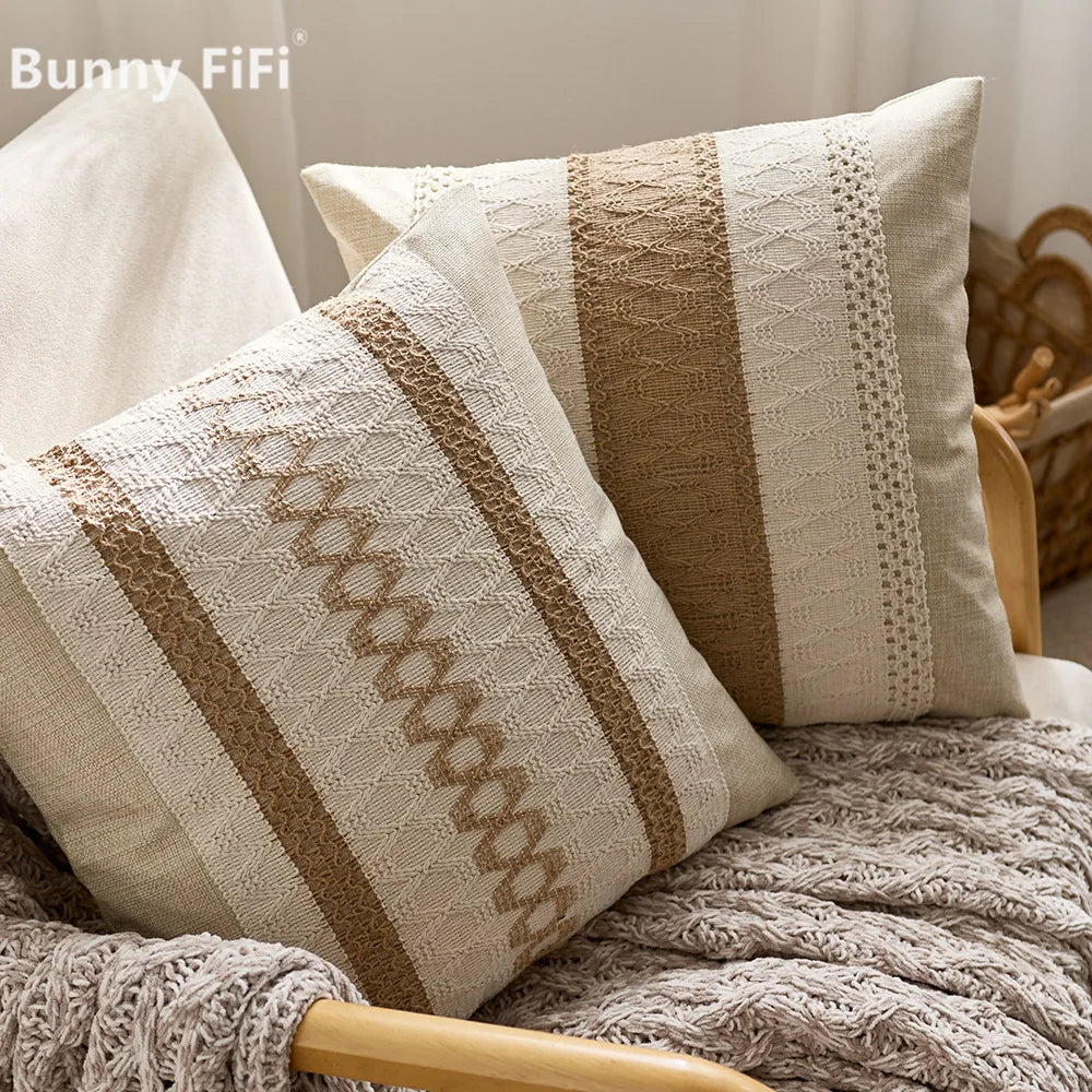 Luxury Textured Striped Woven Boho Cushion Covers Soft Linen Rustic Neutral Decorative Throw Pillow Cases for Sofa Bed Decor