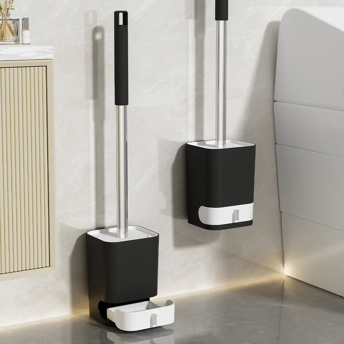 Punch-Free Wall Mounted Toilet Brush with Drainable Base Long Handle Plastic Toilet Cleaning Brush Bathroom Accessories
