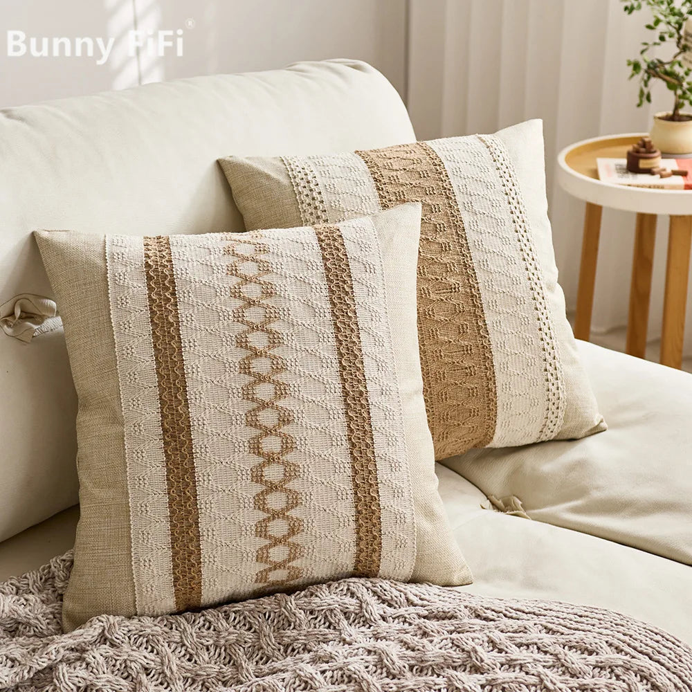 Luxury Textured Striped Woven Boho Cushion Covers Soft Linen Rustic Neutral Decorative Throw Pillow Cases for Sofa Bed Decor